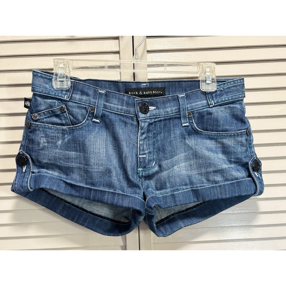 Rock Republic Denim Shorts Low Rise Size 27 Zip Med Wash Embroidery Cuffed